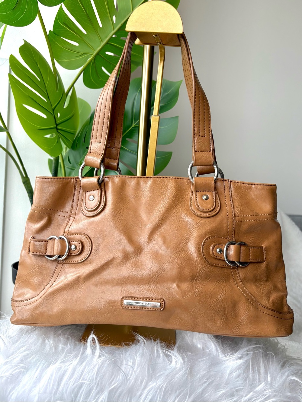 Vintage Y2K Nine West Cognac Brown Slouchy Shoulder Bag Silver Hardware Purse